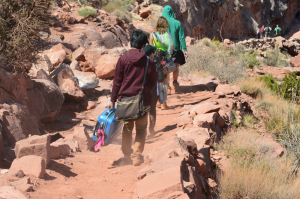 South Kaibab trail hiker with a suitcase